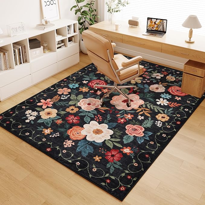 DUKINO 4x6 Area Rug, Floral Washable Office Rug Non Slip Chair Mat, Stain by DUKINO