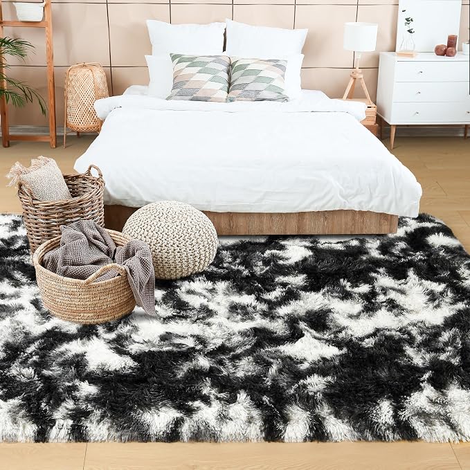 6x9 Large Tie-Dyed Black and White Fluffy Area Rug Non-Slip - Image 4