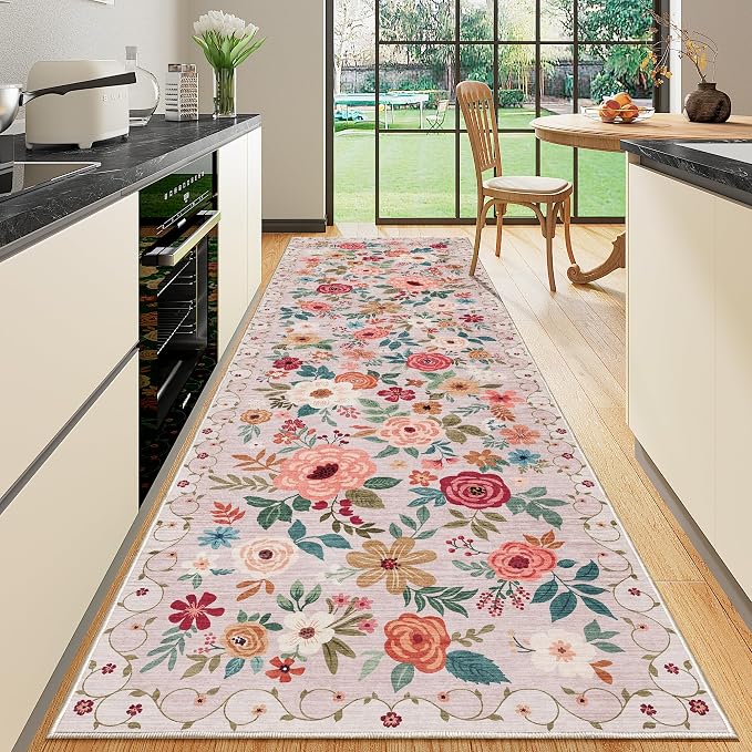 DUKINO 2x10 Runner Rug, Floral Washable Kitchen Runner Rug Non Slip, Low Pile by DUKINO