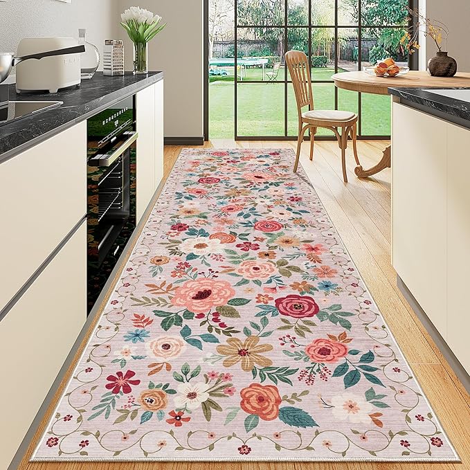 DUKINO 3x10 Runner Rug, Floral Washable Kitchen Runner Rug Non Slip, Low Pile - Image 6