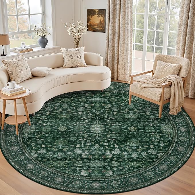 Round Area Rug for Living Room: 8ft Boho Washable Rug Deep Green | Vintage Boho by EXPEDIX