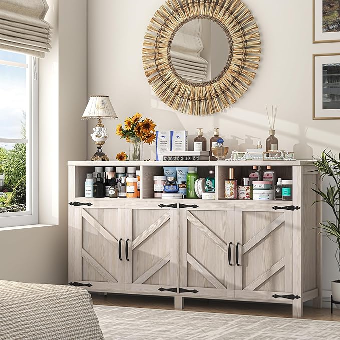 Buffet Cabinet with Storage Farmhouse with 4 Doors, 55'' Large Kitchen Storage Cabinet Wood Coffee Bar Buffet Sideboard for Kitchen, Dining Room, Entryway