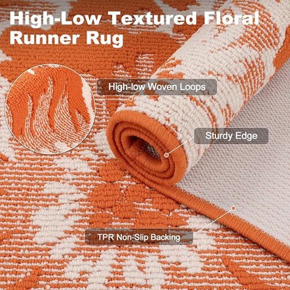 Findosom Fall Runner Rug 2x8, Non Slip High-Low Textured Floral Washable Runner - Image 2