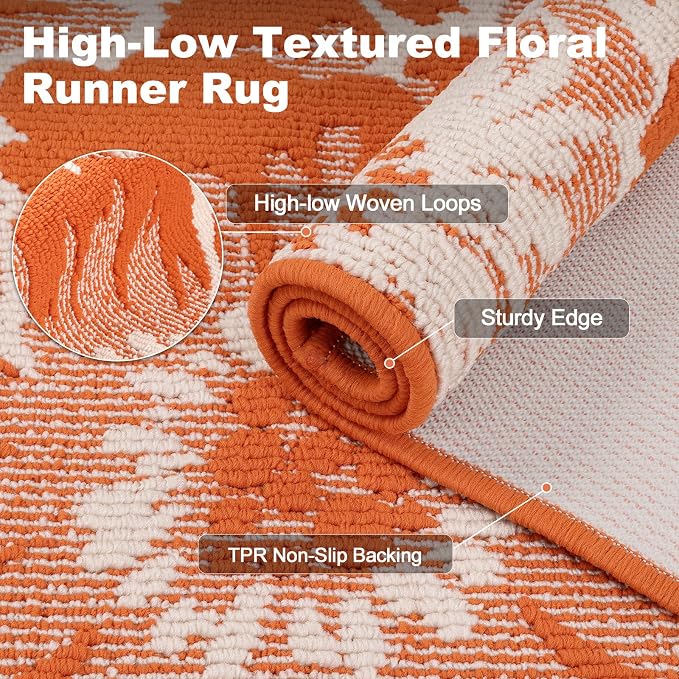 Findosom Fall Runner Rug 2x6, Non Slip High-Low Textured Floral Washable Runner - Image 2