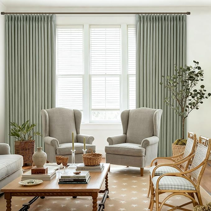 96 Inch Sage Green Linen Pinch Pleated Light Filtering Curtains 2 Panels | - Image 7