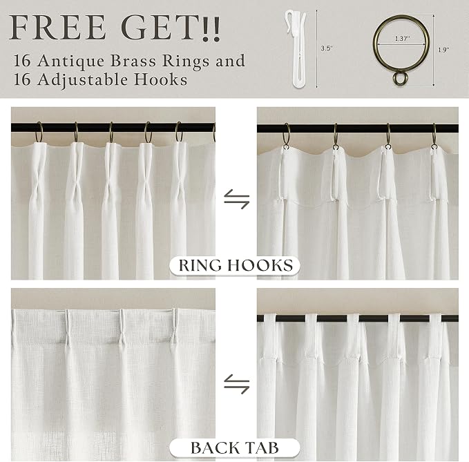 105 Inch Beige White Linen Light Filtering Sheer Pleated Curtains 50x105 | - Image 5