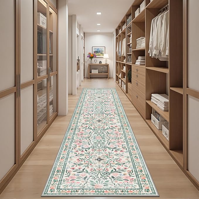 PLHXFR 2.6x10 Washable Runner Rug：Floral Indoor Kitchen Carpet Green Beige | - Image 5