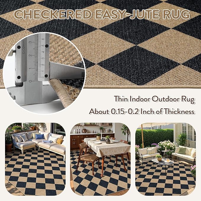 Lahome Checkered Easy Jute Outdoor Patio Rug, 6x9 Living Room Rugs Washable | - Image 4