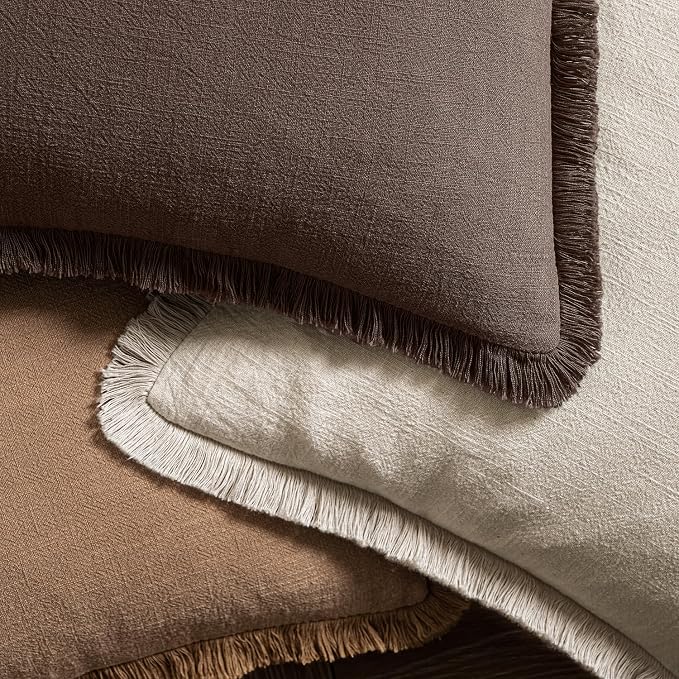 MIULEE Boho Linen Fringe Decorative Fall Pillow Covers Reddish Brown 26x26 | - Image 4