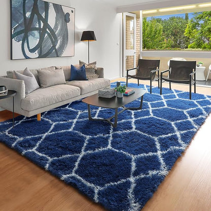 5x7 Area Rugs for Living Room Boys Bedroom, Fluffy Navy Blue and White Rug | - Image 8