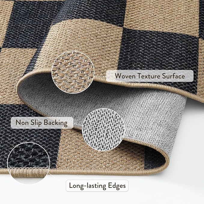 Lahome Checkered Easy Jute 4ft Round Outdoor Rug, Washable Small Rugs Black | - Image 4