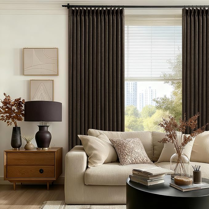Dark Brown Pleated Double Layer Thick Linen Curtains 90 Inches Long | - Image 7