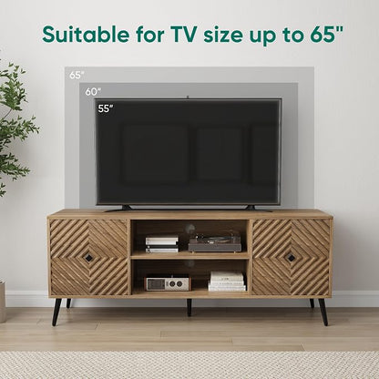 Smuxee Walnut TV Stand with Fluted Diamond Doors, 55.12" Mid Century Modern TV - Image 2