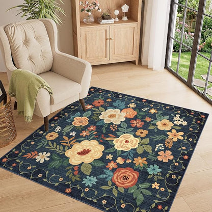DUKINO 4x4 Square Area Rug, Floral Washable Rug - Image 3