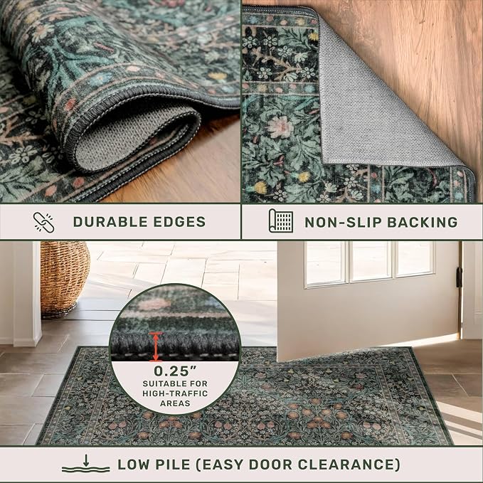 Dark Green Washable 3x16 Extra Long Runner Rug - Image 6