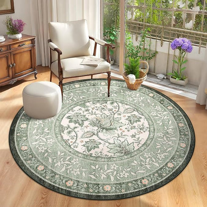 GarveeHome Sage Green Botanical Grove 6ft Round Rug, Small Circle Vintage by GarveeHome