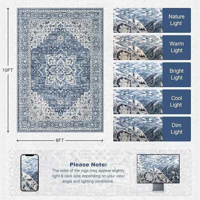 8x10 Area Rugs Living Room: Washable Vintage Rug - Image 2