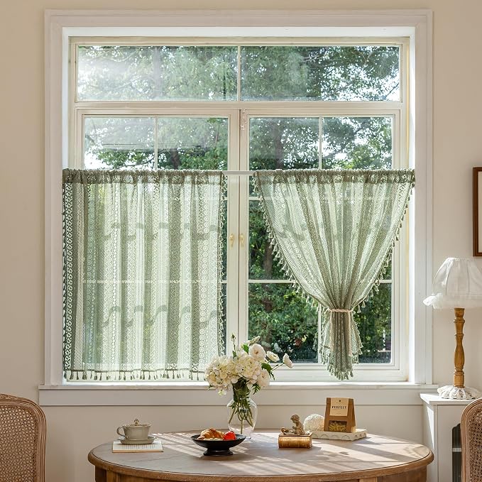 Sutuo Home Sage Green Boho Lace Short Curtains 2 Panels 50" W x 36" L | Sheer - Image 8