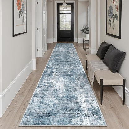Soalmost Abstract Runner Rug 2x10 Hallway Kitchen Runners Blue/Grey | Stain - Image 3