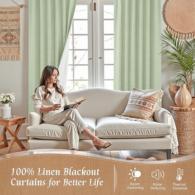 100% Blackout Natural Linen Bedroom Curtains 63 Inches 2 Panels | Light Green - Image 2