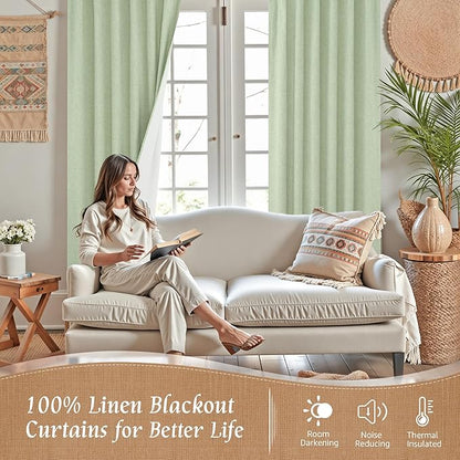 100% Blackout Natural Linen Bedroom Curtains 63 Inches 2 Panels | Light Green - Image 2