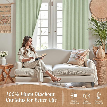 Light Green 100% Blackout Linen Curtains - Image 2