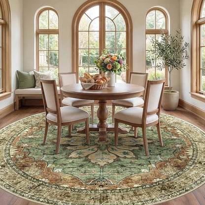 RELEANY Washable Area Rug, Round 8ft, Brick/Brown/Green | Non-Slip, Water - Image 2