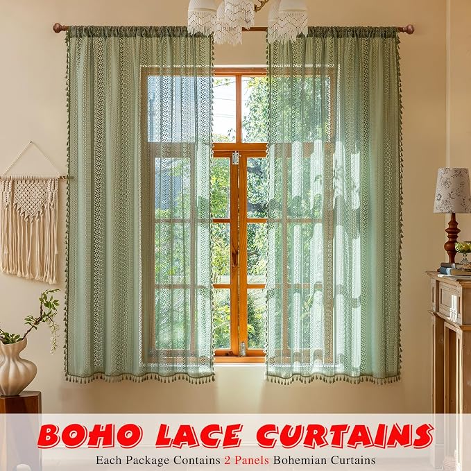 Sutuo Home Sage Green Boho Lace Curtains 2 Panels - Image 3