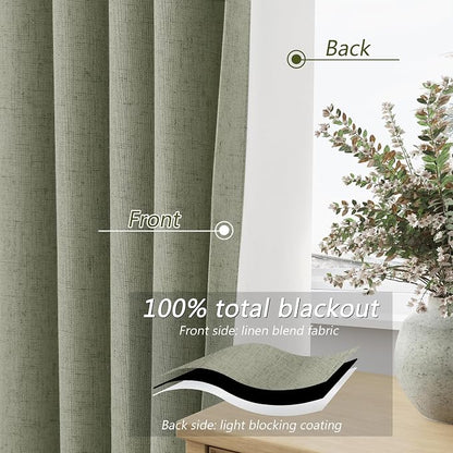 Sage Green 100% Blackout Linen Curtains 86 Inch Length 2 Panels Set - Image 4