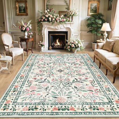 PLHXFR Area Rug 9x12 Living Room: Floral Washable Boho Carpet Green Beige | by PLHXFRSoftAreaRugs