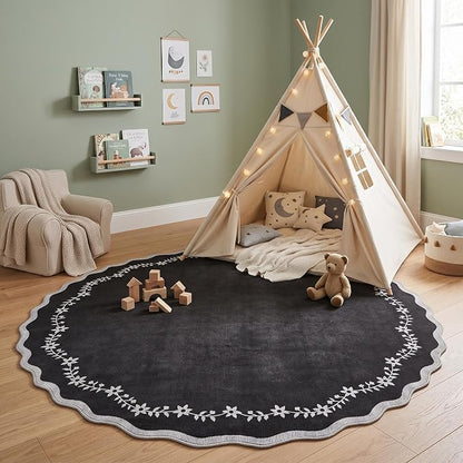 GarveeHome Round Rugs 4ft Scalloped Washable Black Circle Rug - Image 2