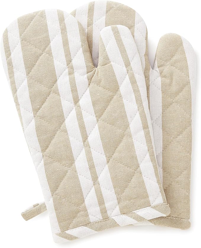 Encasa Homes Long 14 inch Oven Microwave Hand Gloves Mitts (2 pc Set) for Kitchen Cooking & Baking - Heat Resistant, Thick & Safe, Protection of Hands from Hot Utensils - Franca Beige Stripes