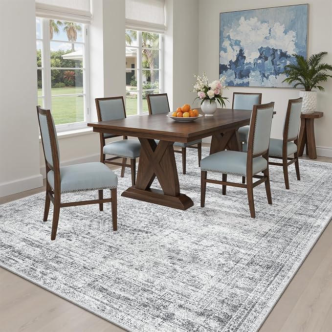 Soalmost 5x8 Area Rugs Grey Low Pile Washable Trendy Faded Style Rug | Vintage - Image 4