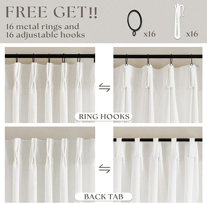86 Inch Pinch Pleated Linen Curtains 2 Panels 40x86 Beige White | Memory - Image 5