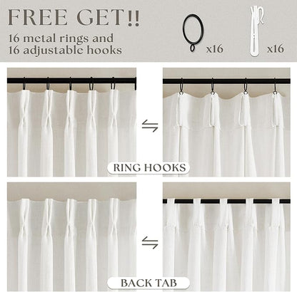 Beige White Pinch Pleated Linen Curtains 96 Inches Long 2 Panels | Light - Image 5