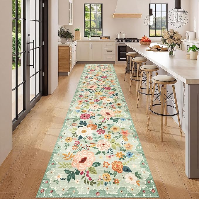 DUKINO 2.6x12 Kitchen Runner Rug, Floral Non Slip Long Washable Rug, Stain - Image 3