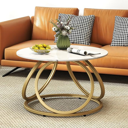 O&K FURNITURE Gold Round Coffee Table, Faux Marble Top - Image 9