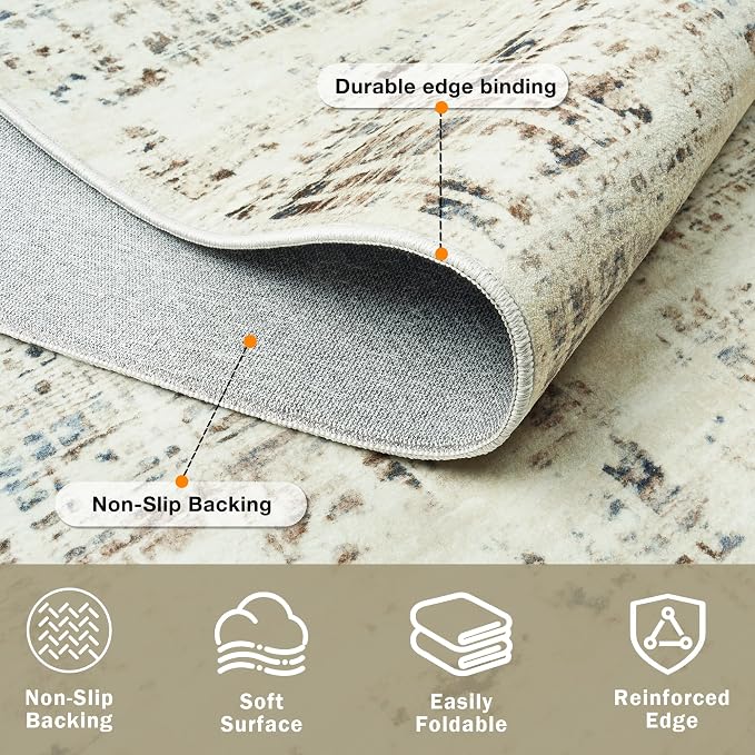 9x12 Washable Area Rug for Living Room Bedroom: Non-Slip Modern Gray White | - Image 4