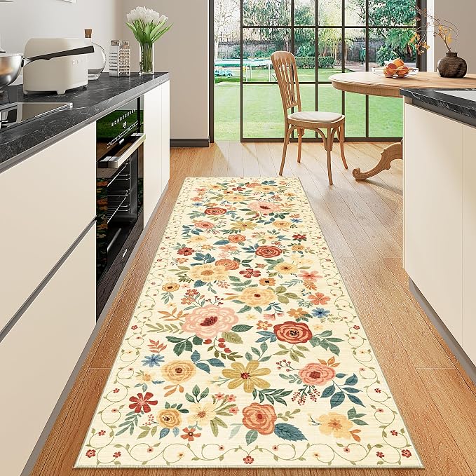 DUKINO 2x6 Hallway Runner Rug, Washable Kitchen Rugs Non Slip, Floral Indoor Rug by DUKINO