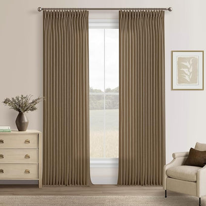 Dark Brown Pinch Pleat Linen Semi Sheer Back Tab Curtains 86 Inch Length | by Twodrapes