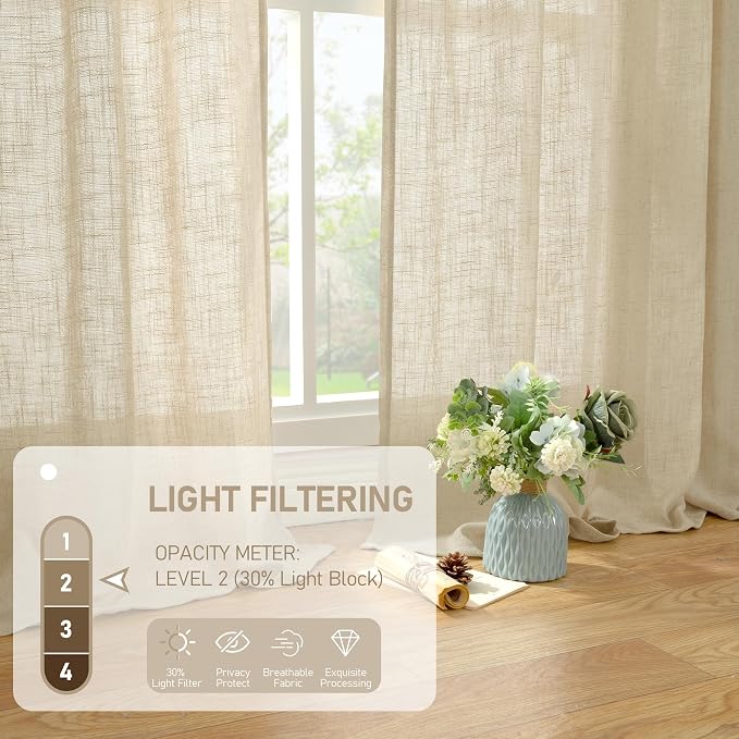Linen Curtains 40 Inch Length 2 Panels, Light Filtering Panels | Semi Sheer - Image 4