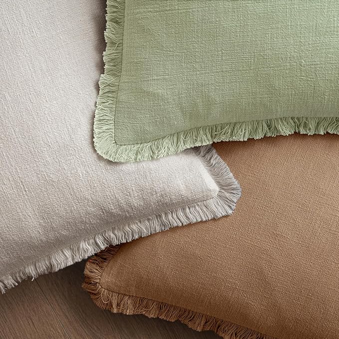 MIULEE Linen Fringe Decorative Euro Throw Pillow Covers Sage Green 22x22 | Set - Image 4