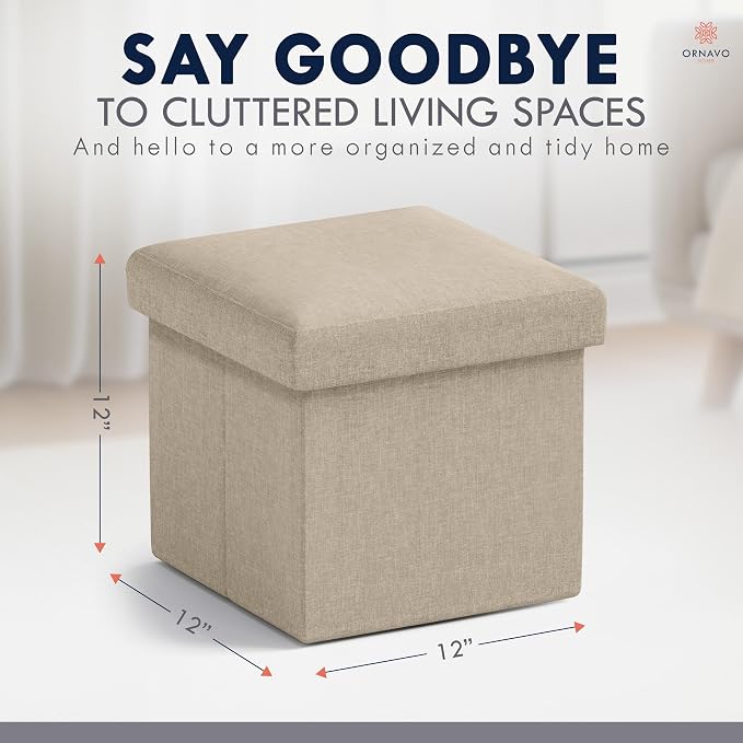 Ornavo Home Small Storage Ottoman Foldable Collapsible Cube Square Linen - Image 2