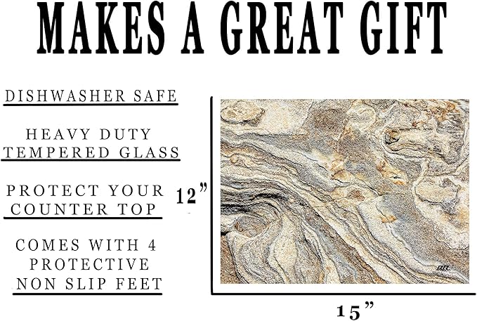 Rogue River Tactical Light Granite Stone Marble Gray Brown White Pattern Textured Marble Art Kitchen Glass Cutting Board Modern Decorative Gift Abstract Wavy Contrast Design