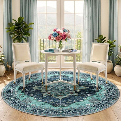 RELEANY Washable Area Rug, Round 5ft, Teal | Non-Slip, Water Repellent - Image 2