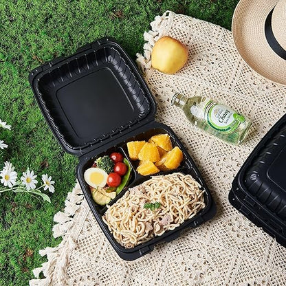 FULING 9X9 3-Compartment 50-Pack Plastic Clamshell Takeout Food Trays Heavy Duty Togo Disposable Box For Pasta Salad Sandwich Carryout Hinged Containers With Secure Snap Lid