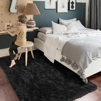 Amdrebio Black Fluffy Fuzzy Area Rug 4x6 - Image 3