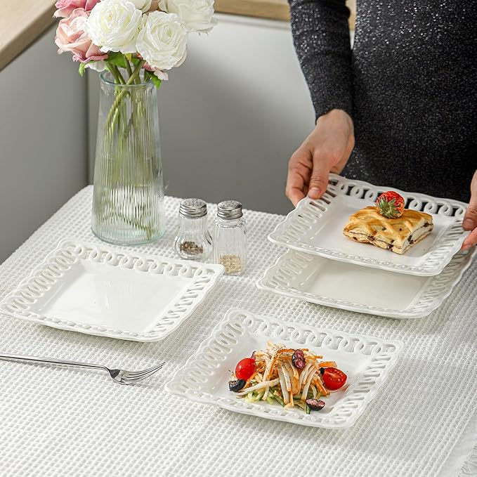 Square Appetizer Plate, Set of 4, 8 inch Ceramic White Dinner Plates with Lace Rim, Small for Cake Snacks Dessert Steak Bread Butter Canape Luncheon Side Dish at Home Hotel and Restaruant, Stackable
