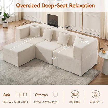 MONVANE 103'' Modular Sectional Sofa, Cloud Sectional Couch - Image 3