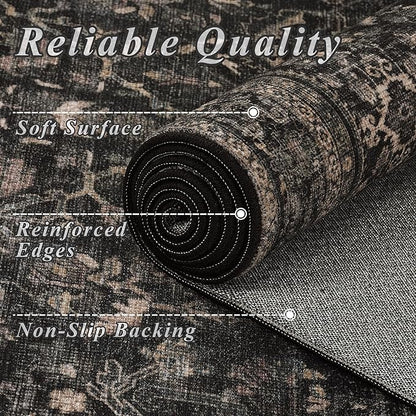 Schweek 10x14 Washable Area Rug Black Neutral Vintage Distressed Dark Rugs | - Image 5